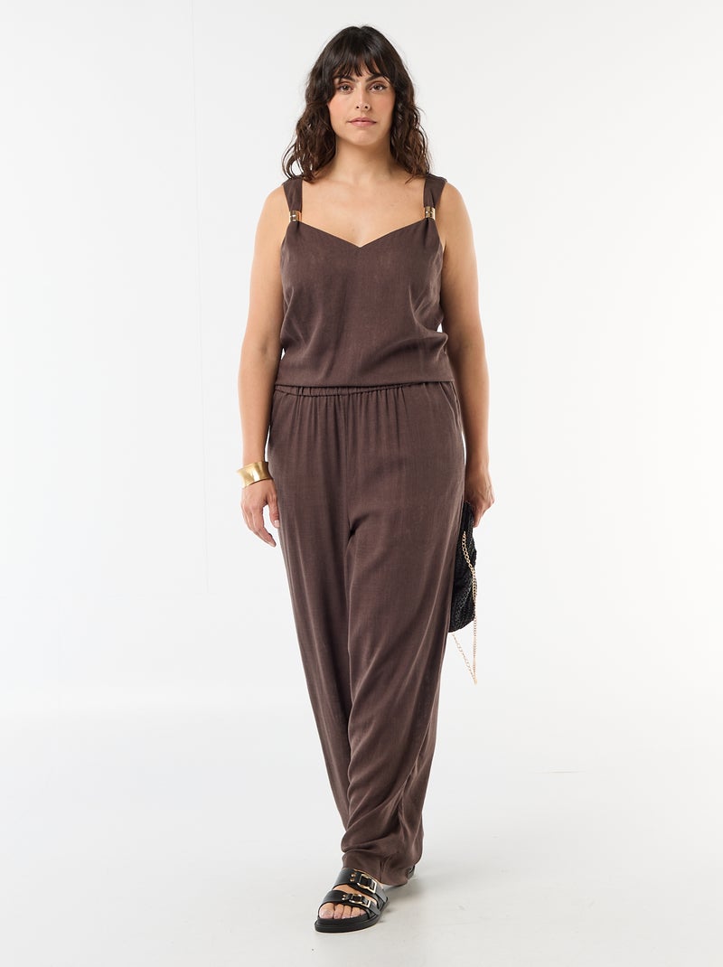 Vloeiende top van linnenmix met goudkleurige details Bruin - Kiabi