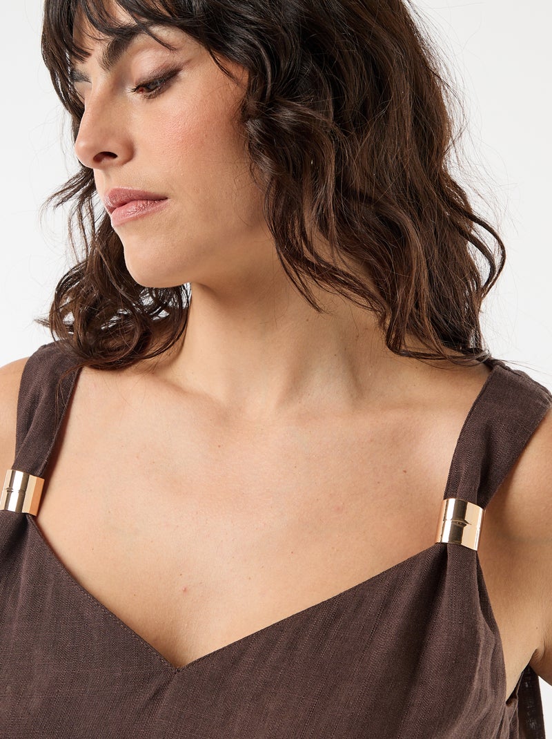 Vloeiende top van linnenmix met goudkleurige details Bruin - Kiabi