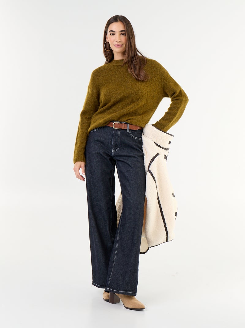 Warme mohair trui met ronde hals Kaki - Kiabi