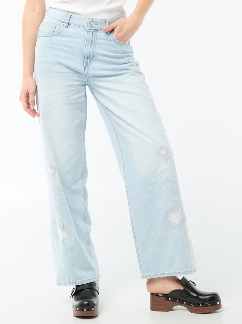 Wide leg denim broek met borduursels Blauw - Kiabi