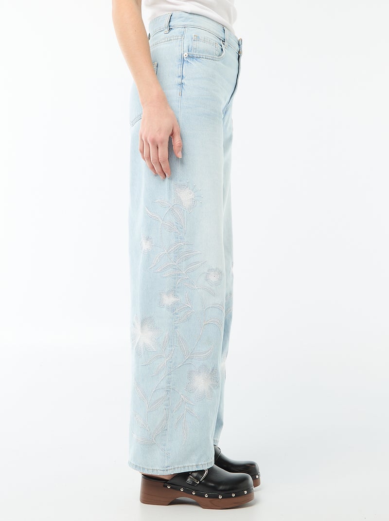 Wide leg denim broek met borduursels Blauw - Kiabi