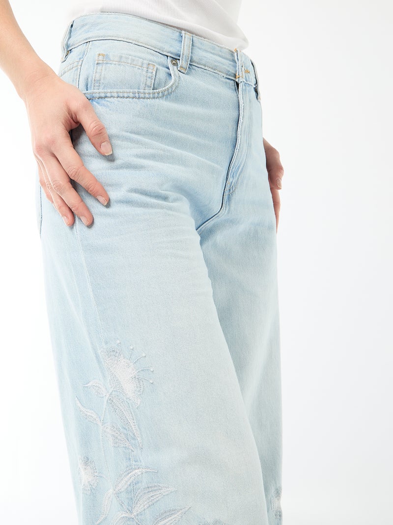 Wide leg denim broek met borduursels Blauw - Kiabi