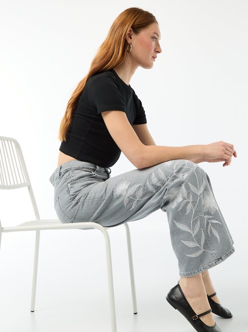 Wide leg denim broek met borduursels - Kiabi