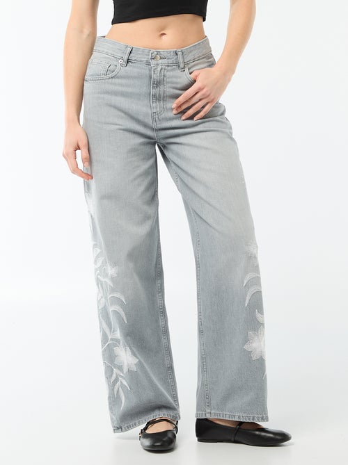 Wide leg denim broek met borduursels - Kiabi