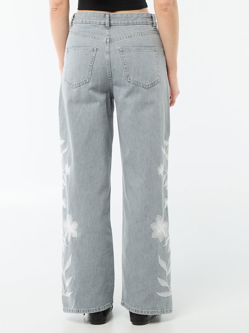 Wide leg denim broek met borduursels Grijs - Kiabi