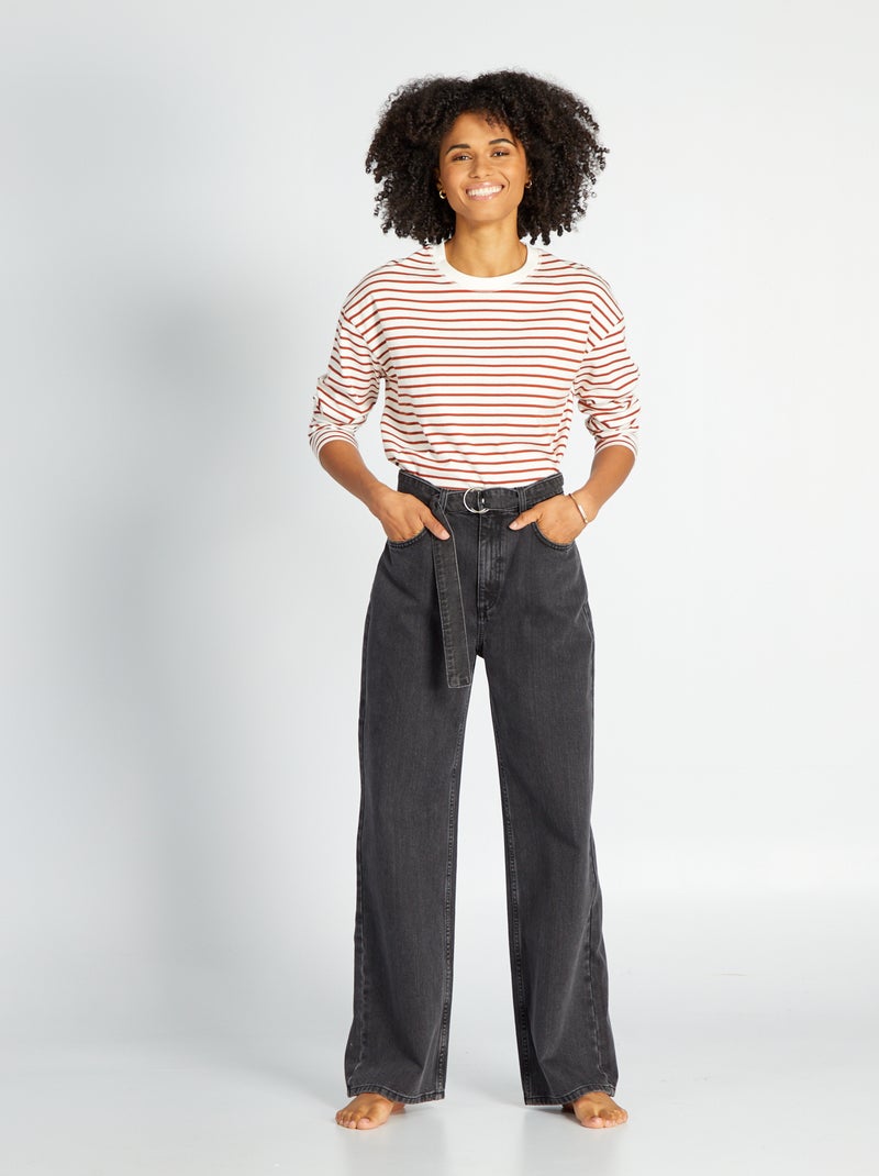 Wide leg jeans met hoge taille en ceintuur Zwart - Kiabi
