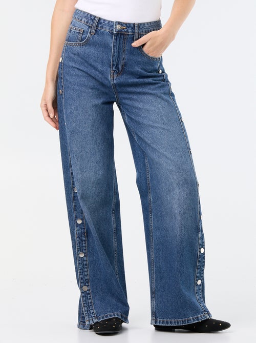Wide leg jeans / wijde pasvorm met sierdrukknopen aan de zijkanten - Kiabi