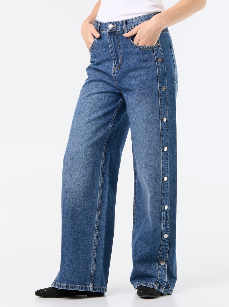 Wide leg jeans / wijde pasvorm met sierdrukknopen aan de zijkanten Blauw - Kiabi