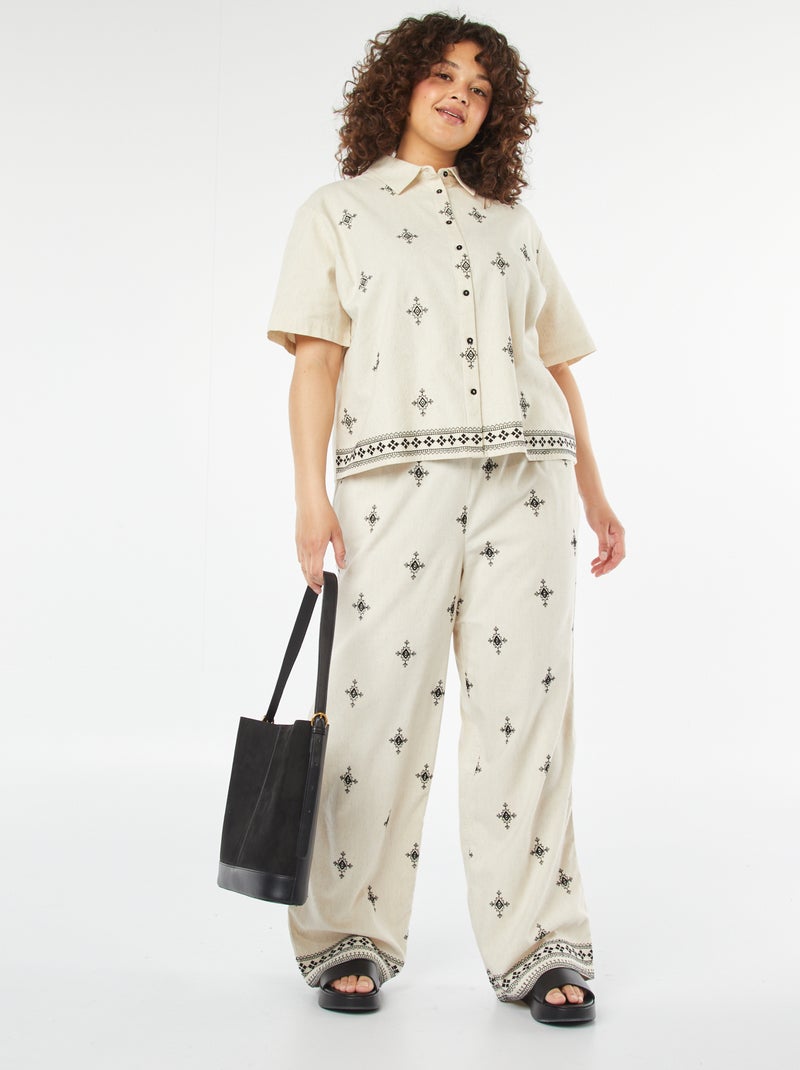 Wijde 3/4-broek met borduursel Biege - Kiabi