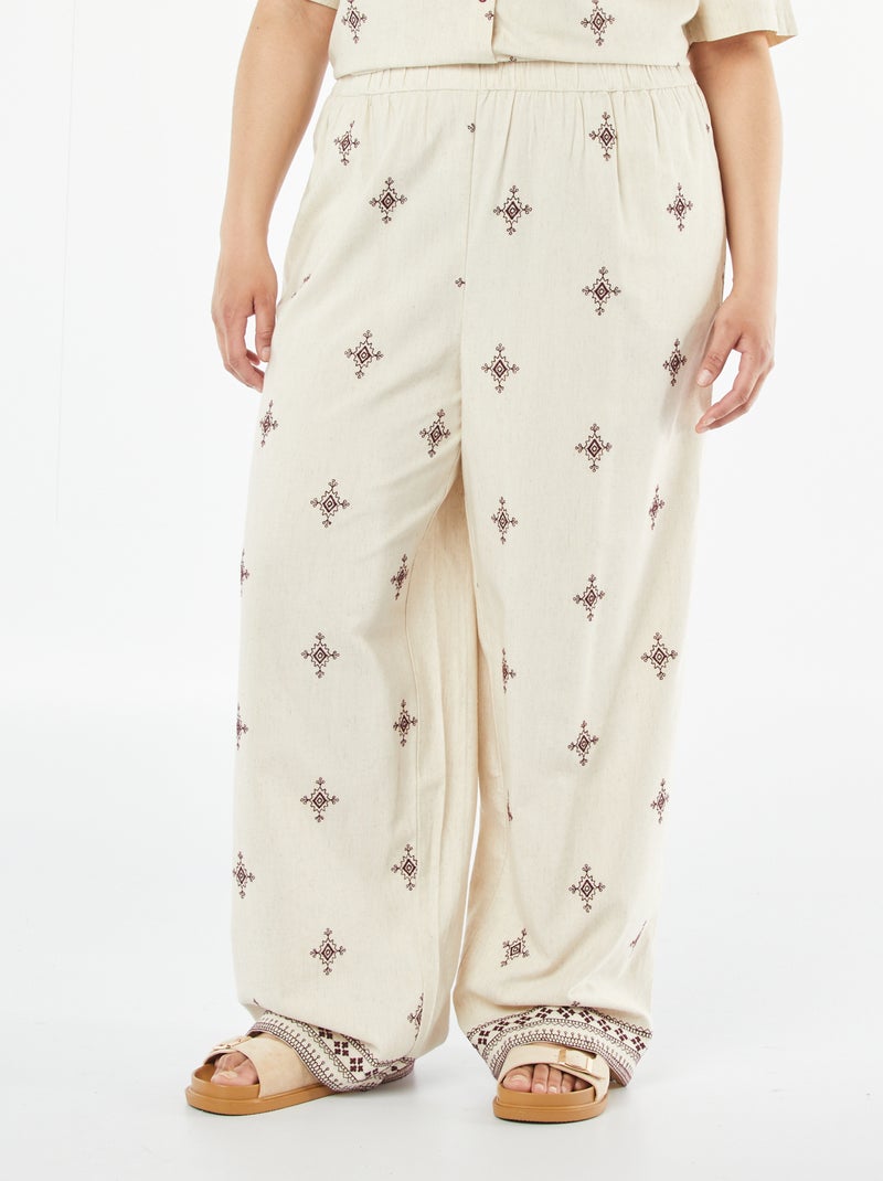 Wijde 3/4-broek met borduursel Biege - Kiabi