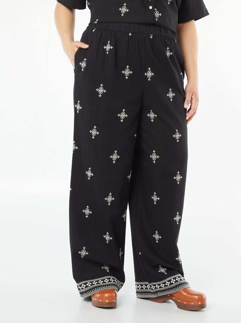 Wijde 3/4-broek met borduursel zwart - Kiabi