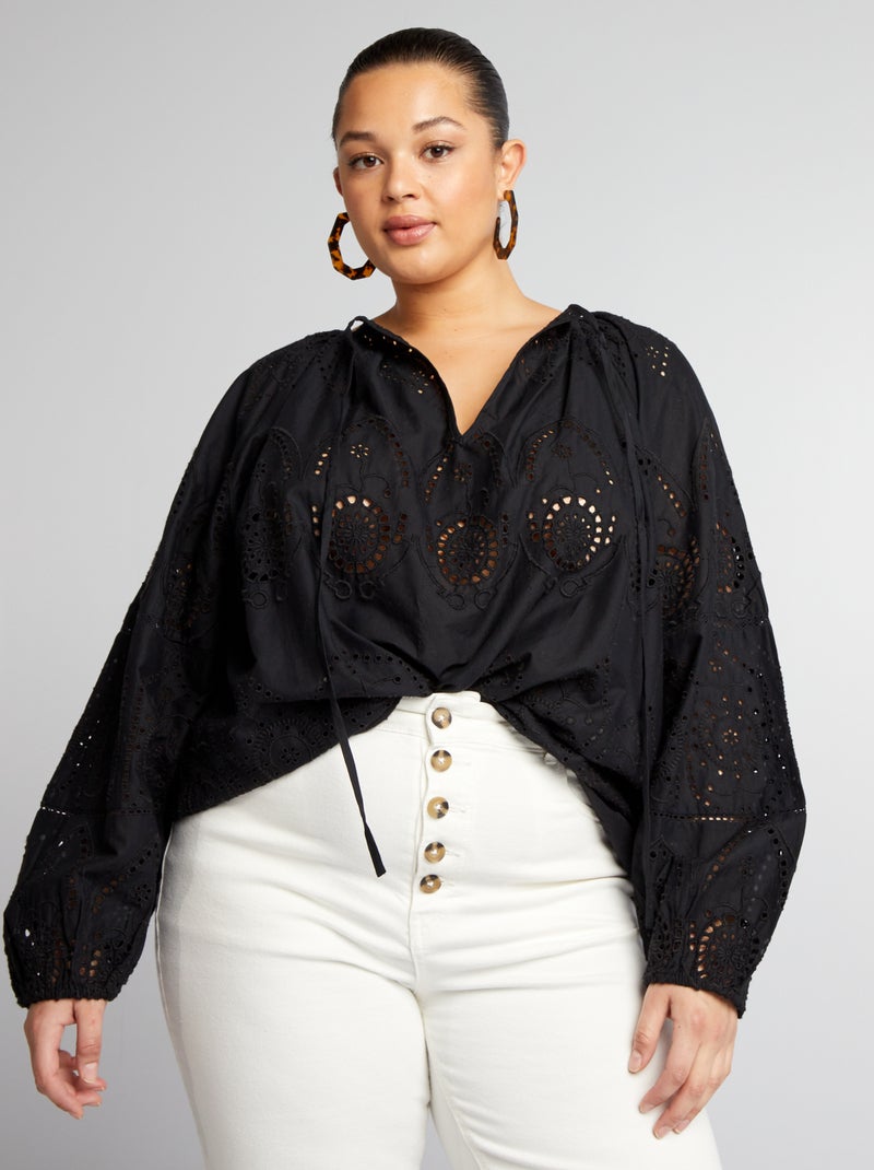 Wijde blouse in broderie anglaise zwart - Kiabi