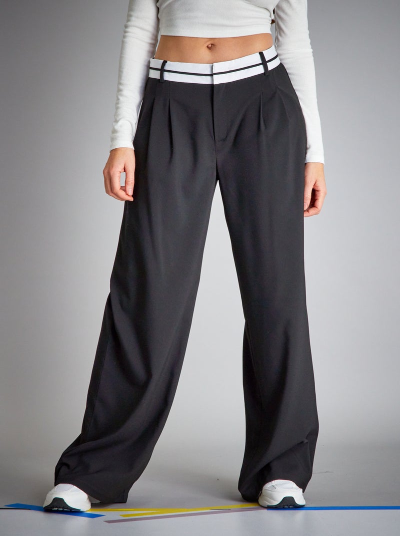 Wijde broek met contrasterende tailleband ZWART - Kiabi