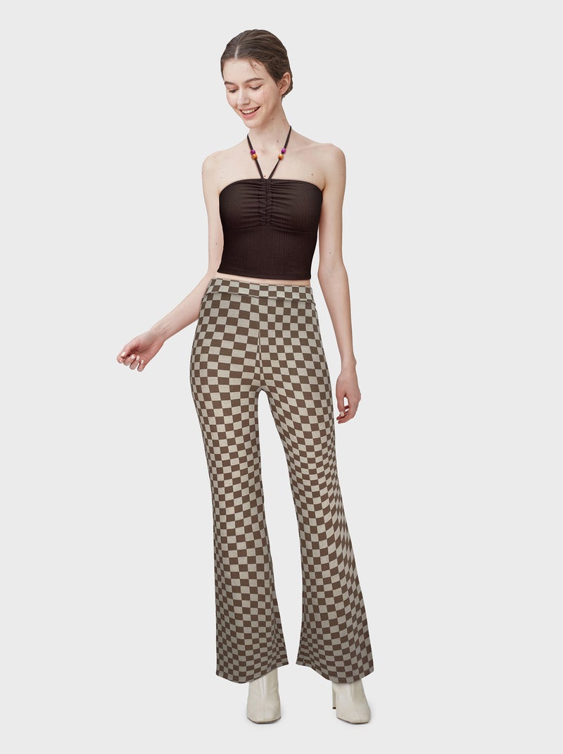 Wijde broek met dambordprint BIEGE - Kiabi