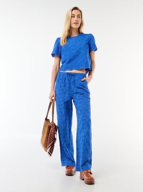 Wijde broek met Engels borduurwerk van effen katoen - Kiabi