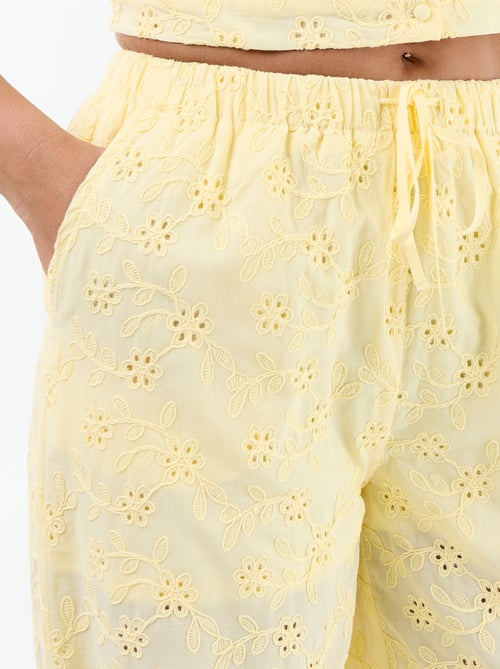 Wijde broek met Engels borduurwerk van effen katoen - Kiabi