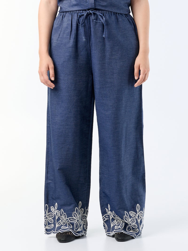Wijde broek met geborduurde motieven Blauw - Kiabi