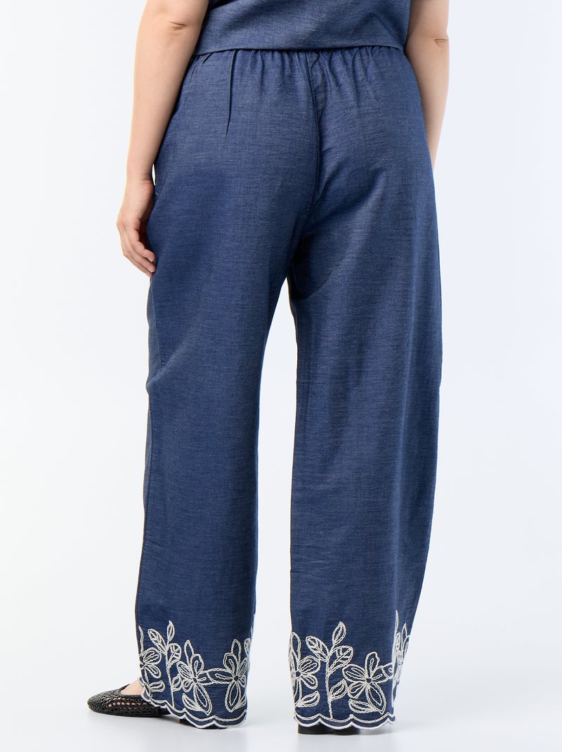 Wijde broek met geborduurde motieven Blauw - Kiabi