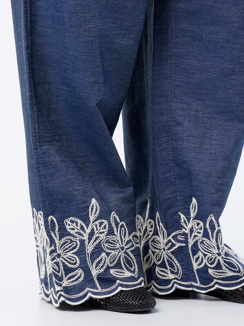 Wijde broek met geborduurde motieven Blauw - Kiabi