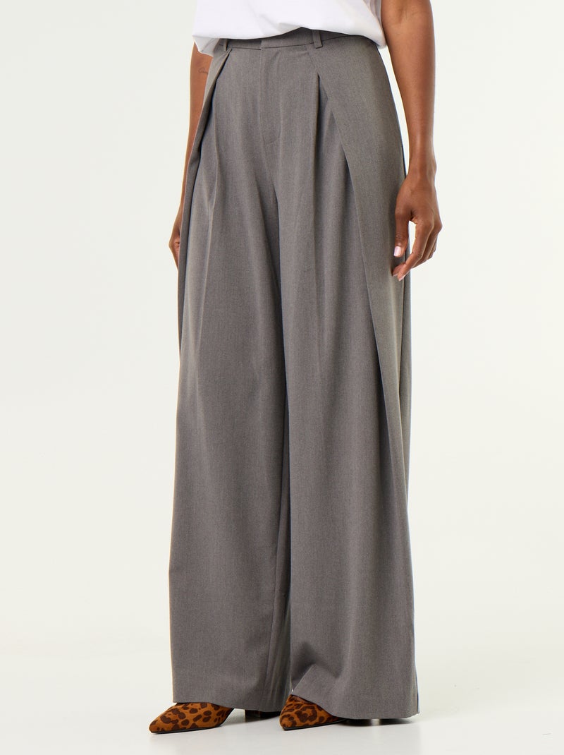 Wijde broek met hoge taille en plooien Grijs - Kiabi