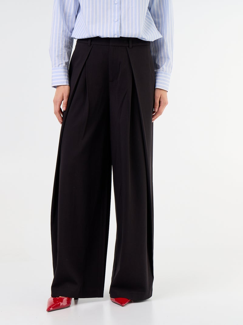 Wijde broek met hoge taille en plooien Zwart - Kiabi