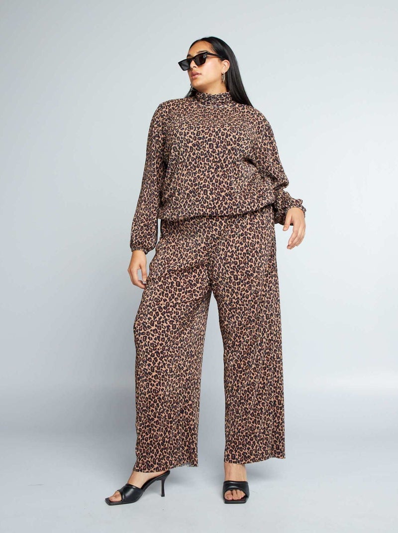 Wijde broek met luipaardmotief van plissétricot BRUIN - Kiabi