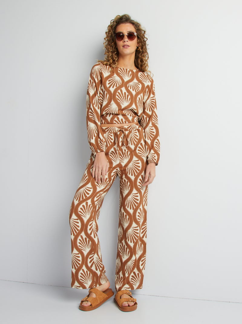 Wijde broek met motiefje BRUIN - Kiabi