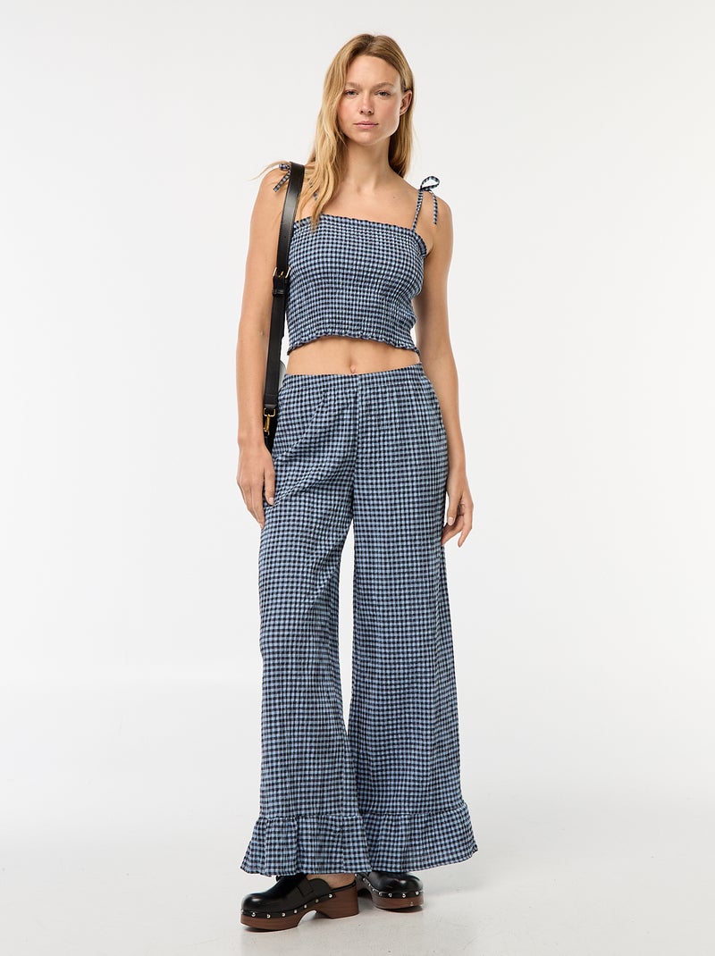 Wijde broek met vichyruitje en ruches Blauw - Kiabi