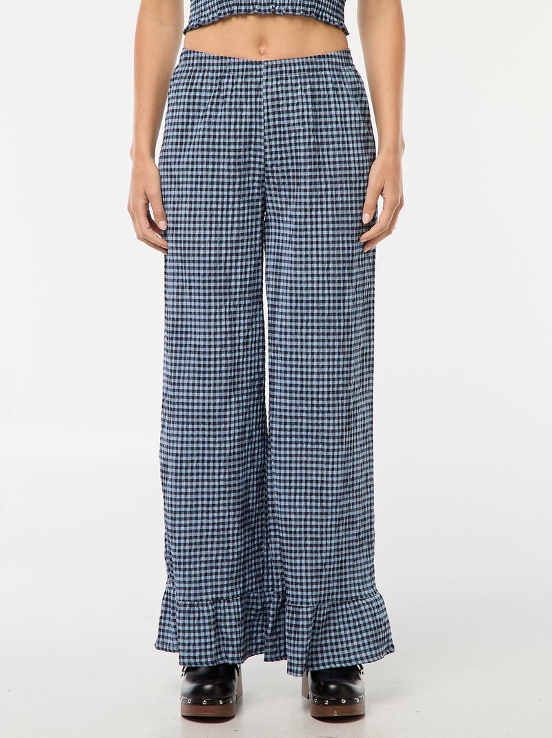 Wijde broek met vichyruitje en ruches Blauw - Kiabi