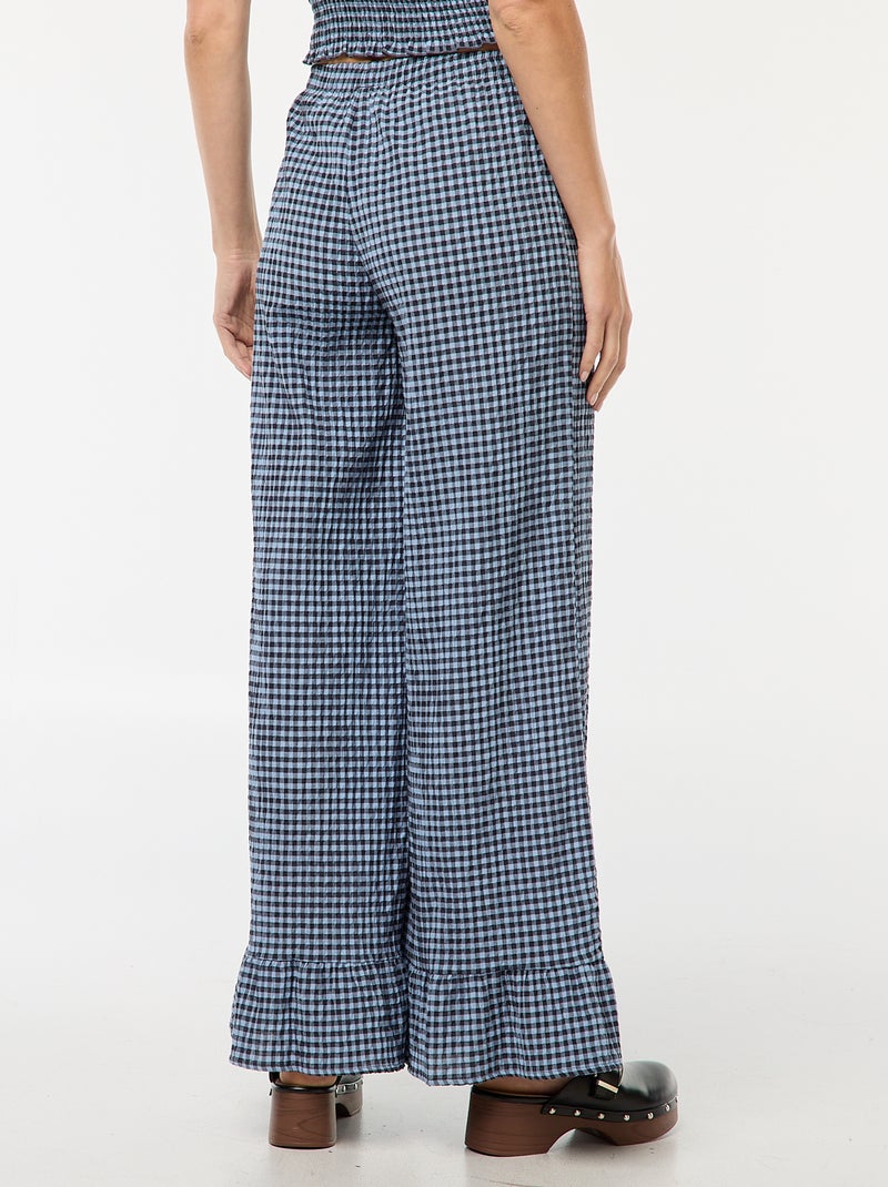 Wijde broek met vichyruitje en ruches Blauw - Kiabi