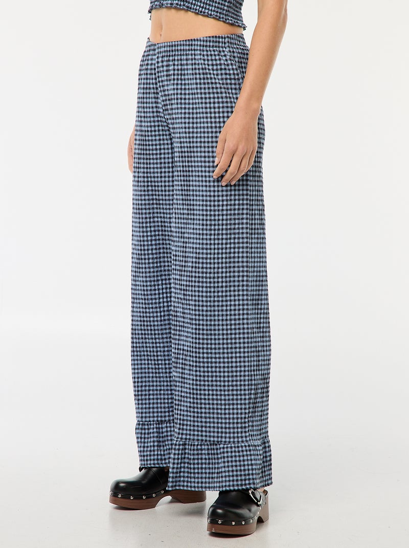 Wijde broek met vichyruitje en ruches Blauw - Kiabi