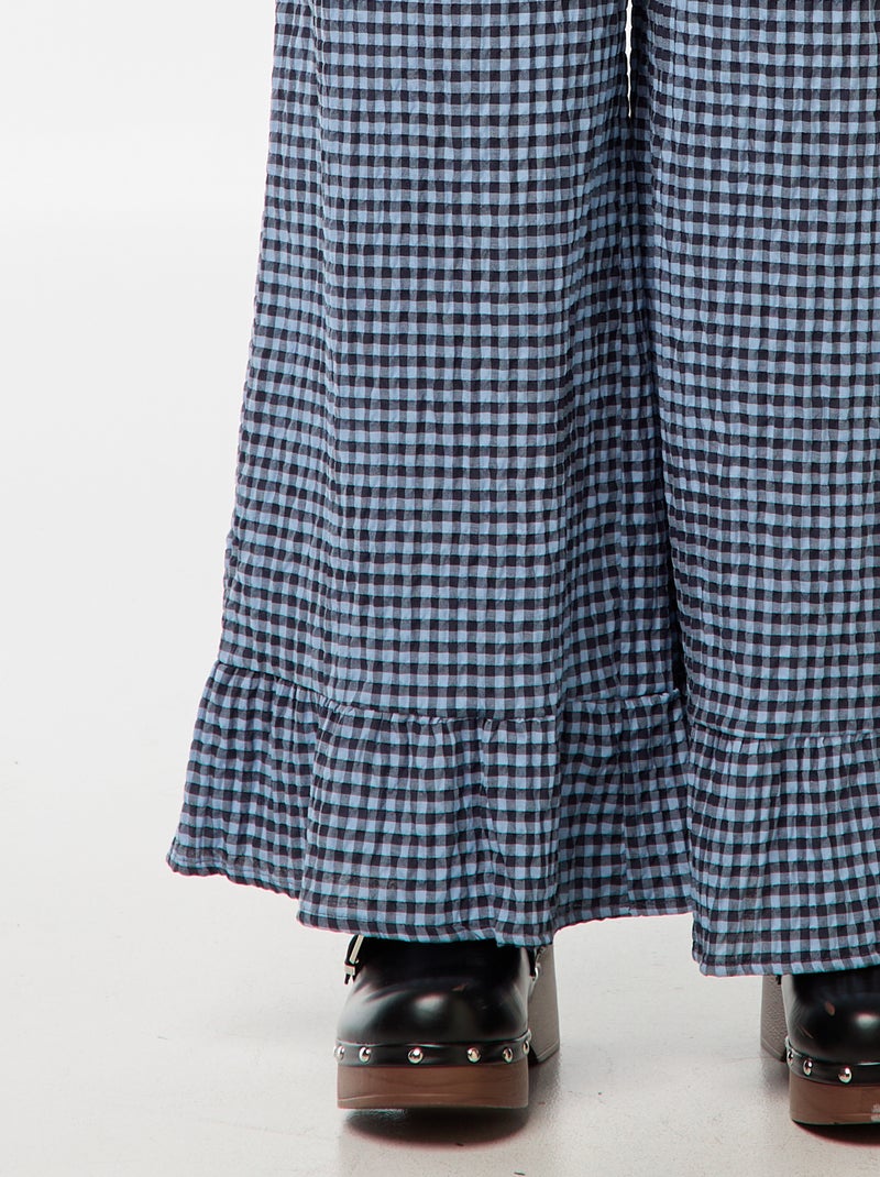 Wijde broek met vichyruitje en ruches Blauw - Kiabi