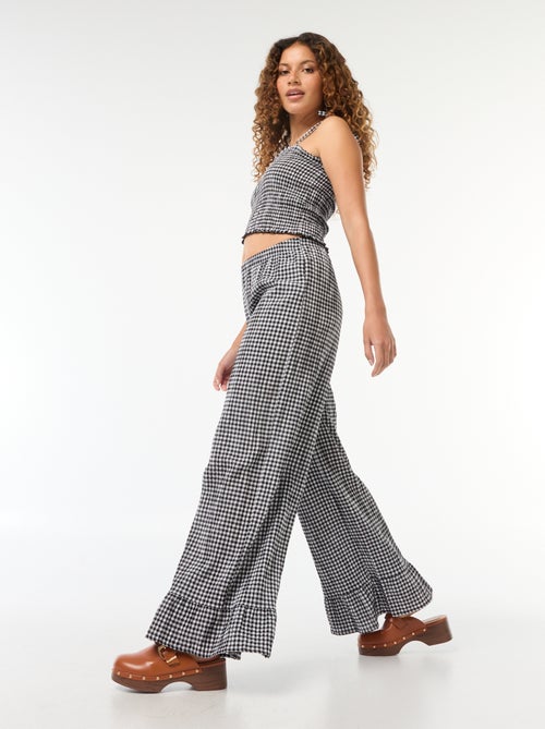 Wijde broek met vichyruitje en ruches - Kiabi