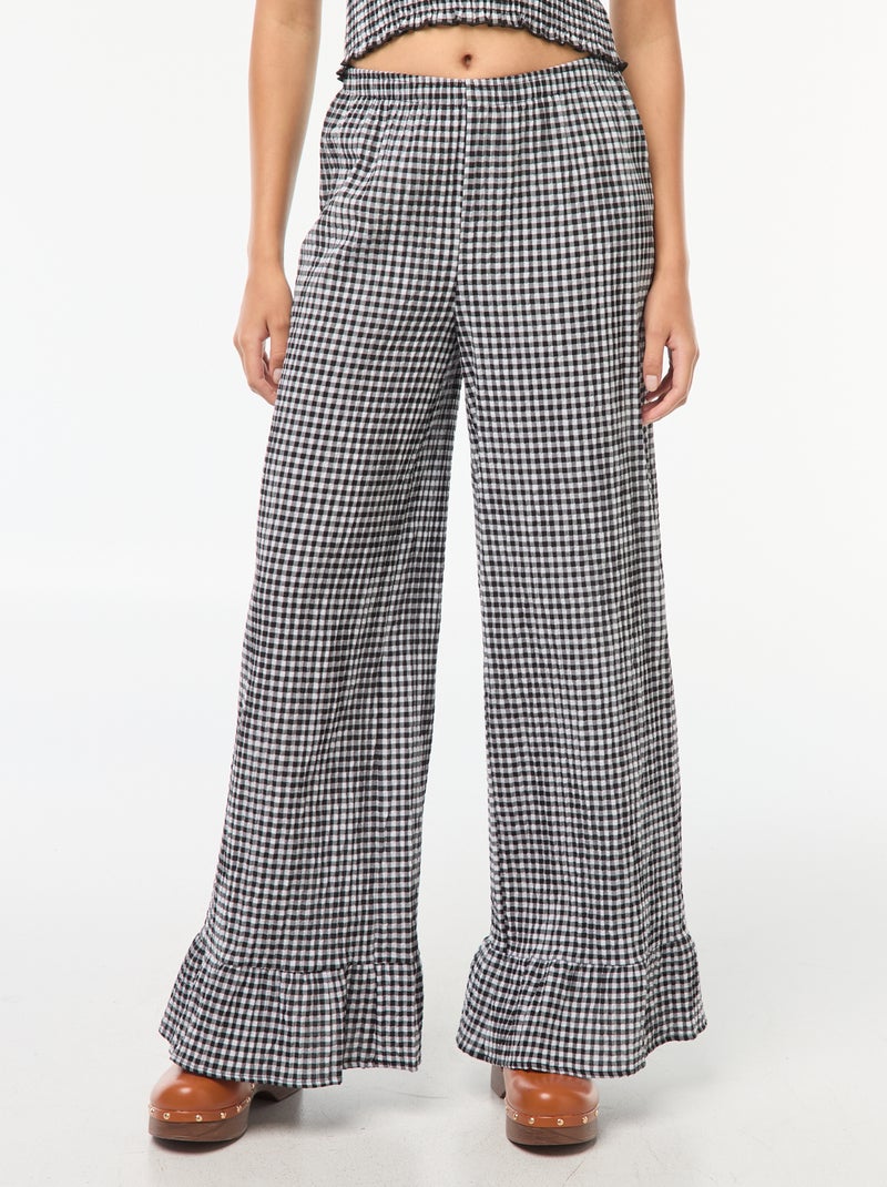 Wijde broek met vichyruitje en ruches Zwart - Kiabi