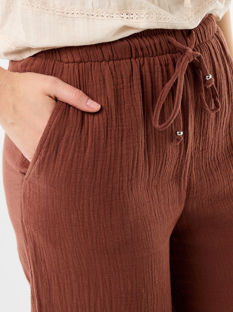 Wijde broek van katoenen gaas Bruin - Kiabi
