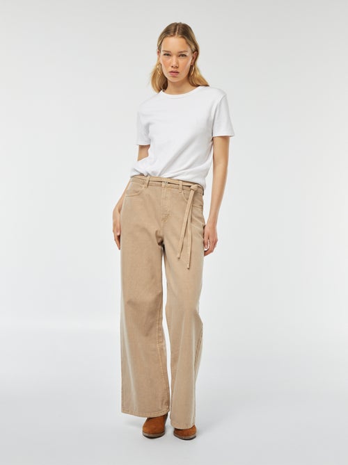 Wijde broek van twill met hoge taille en strikceintuur - Kiabi