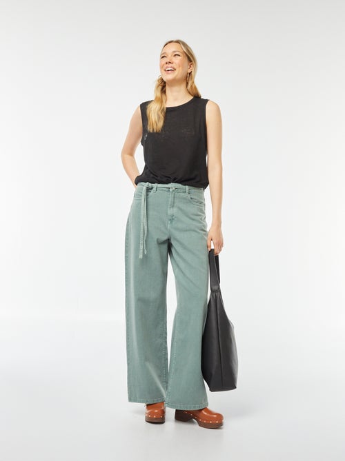 Wijde broek van twill met hoge taille en strikceintuur - Kiabi