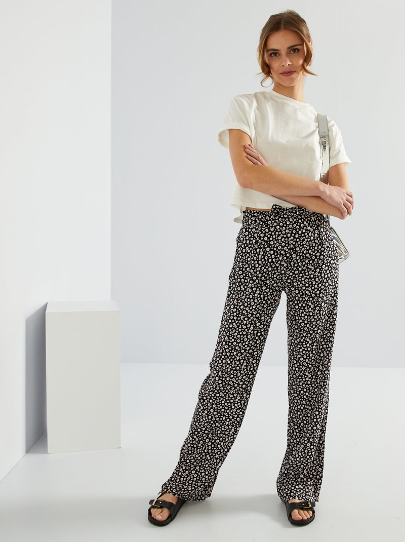 Wijde, cropped broek met motiefje ZWART - Kiabi