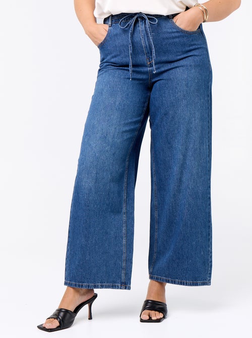 Wijde denim broek met strikceintuur - Kiabi