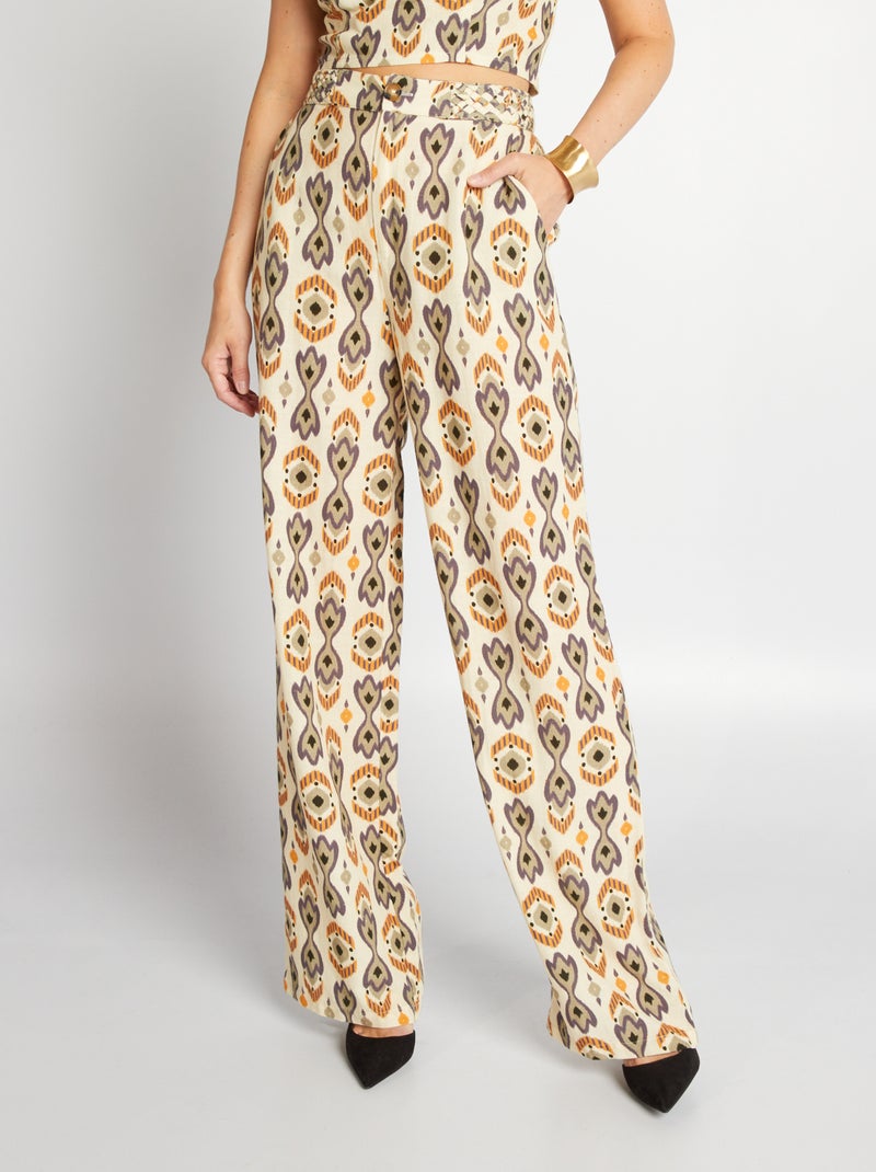 Wijde linnen broek met print BIEGE - Kiabi