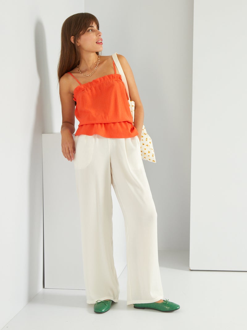 Wijde, satijnachtige broek met hoge taille donkerbeige - Kiabi