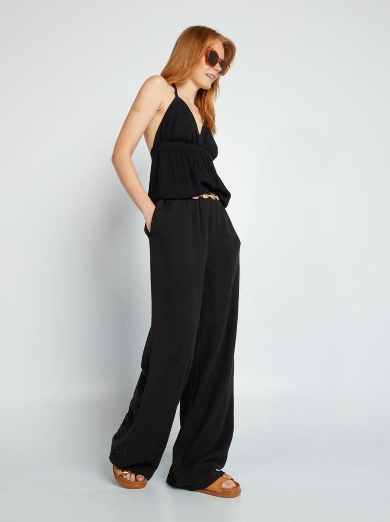 Wijde stoffen broek met wafeltextuur zwart - Kiabi