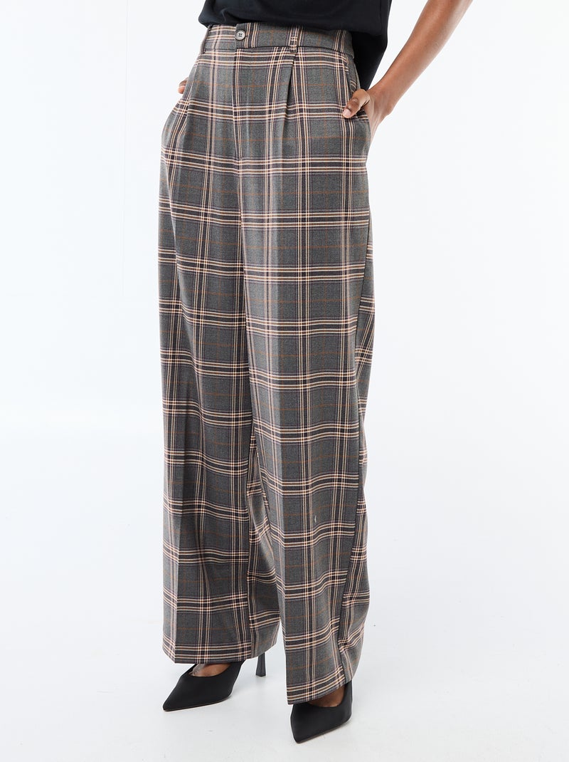 Wijdvallende broek met ruitjes Grijs - Kiabi