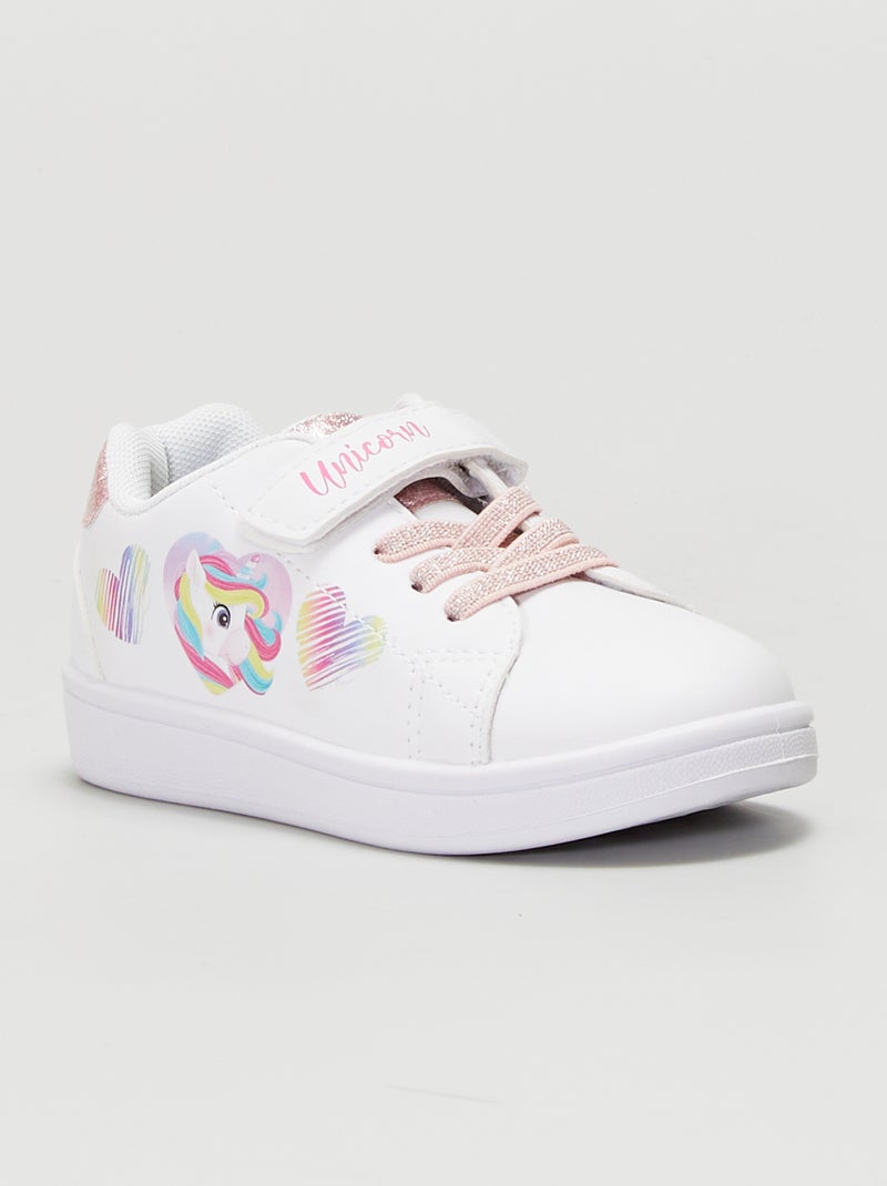Witte sneakers met pailletten en eenhoornprint wit - Kiabi