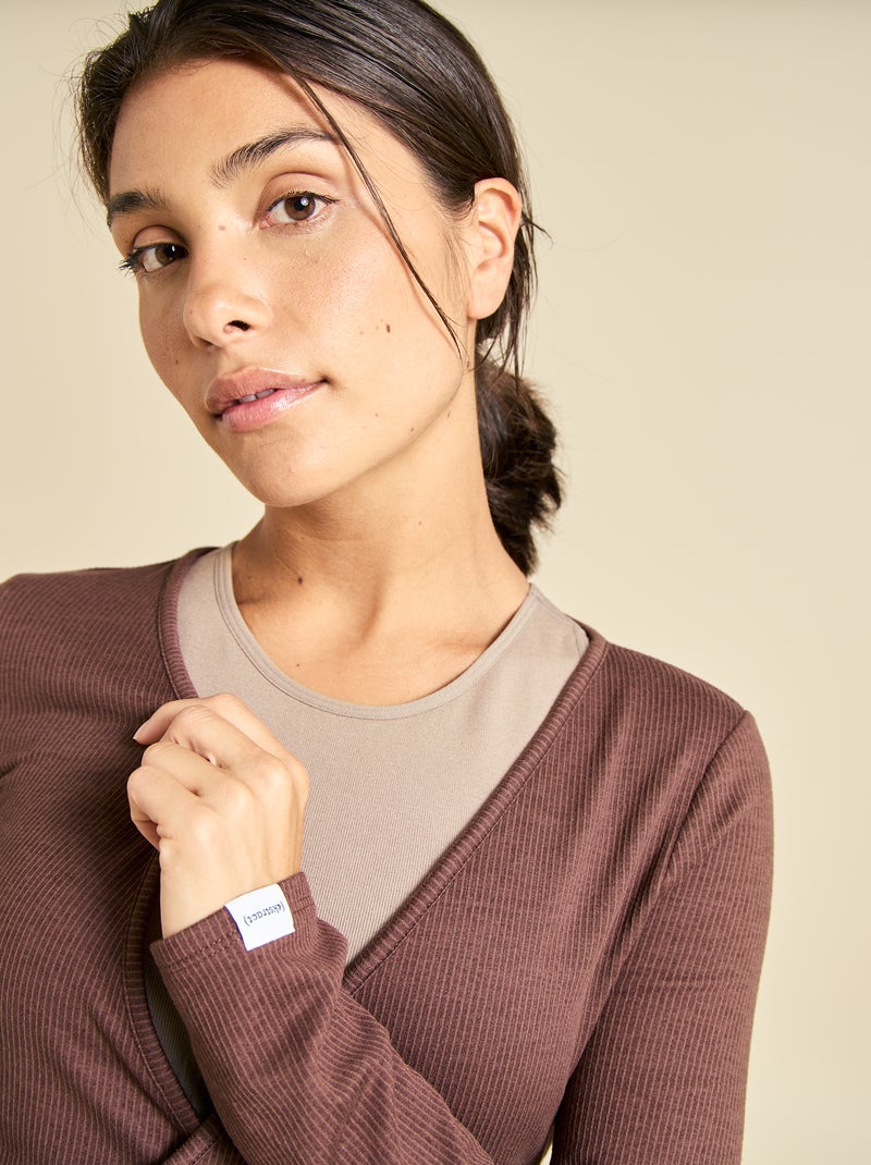 Yogashirt met lange mouwen en overslagmodel (ekstract) Bruin - Kiabi