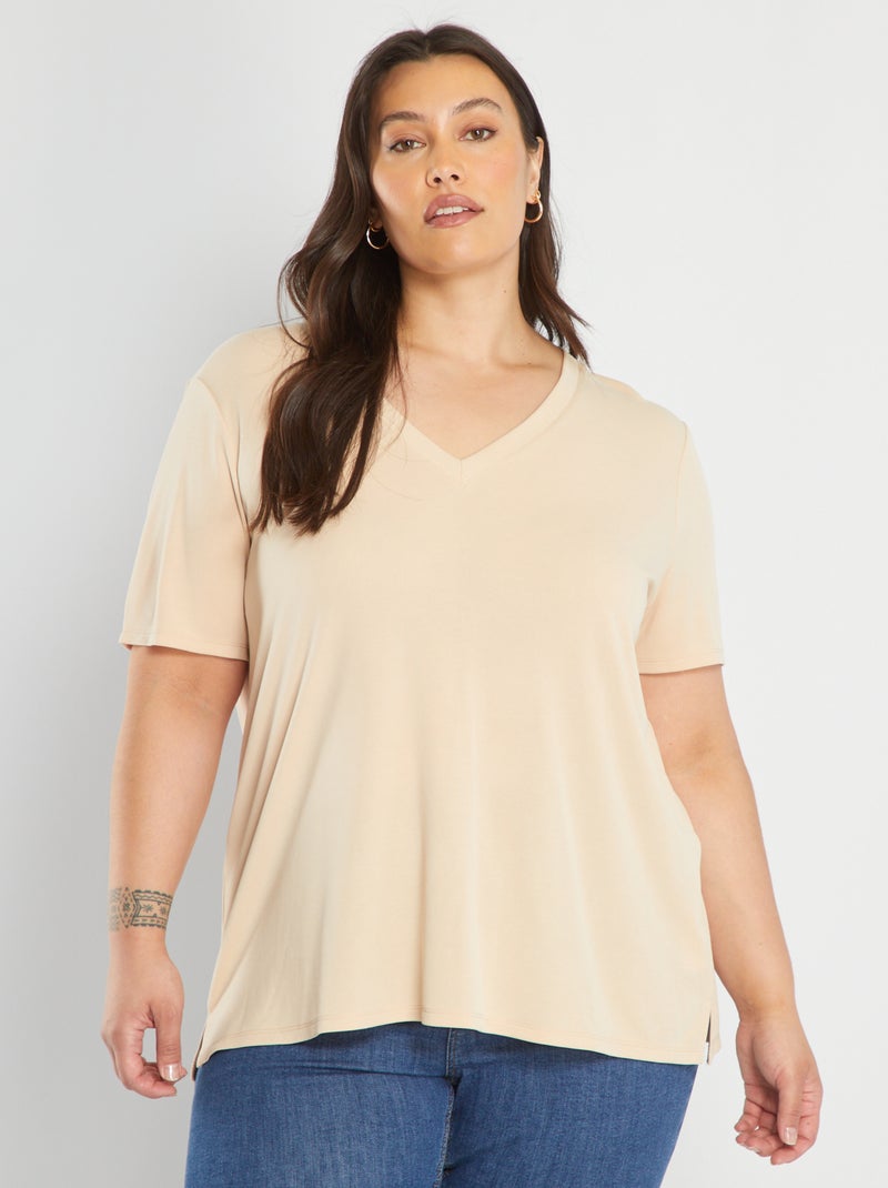 Zacht T-shirt met V-hals BIEGE - Kiabi