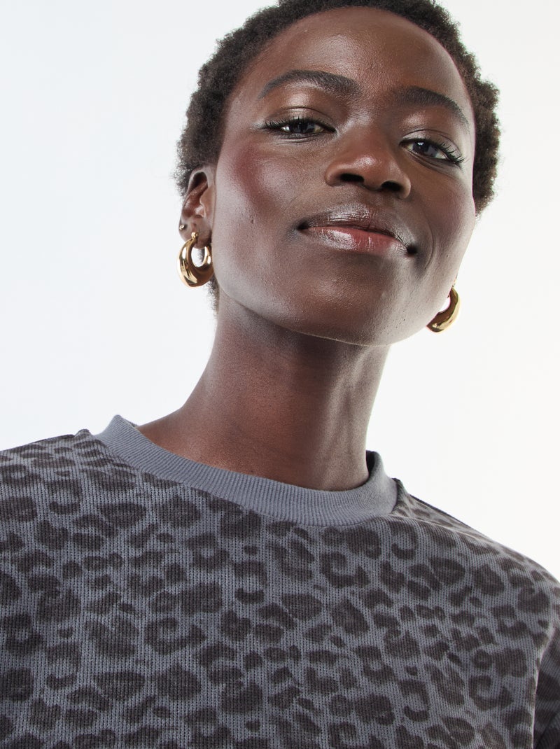 Zachte trui met ronde hals en luipaardprint Grijs - Kiabi