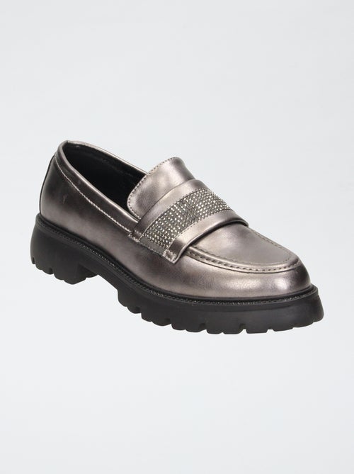 Zilverkleurige glanzende loafers met bandjes met strass - Kiabi