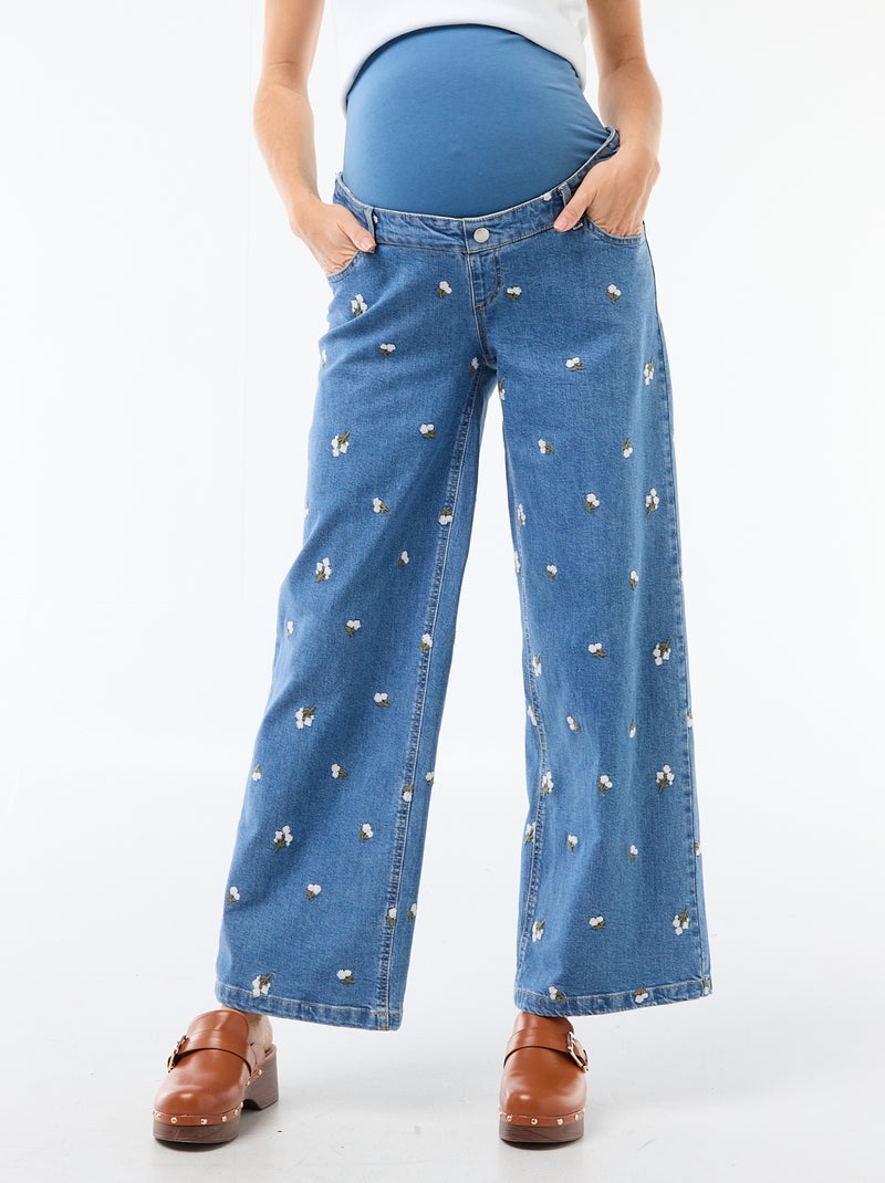Zwangerschapsbroek met stretchband en geborduurd motief Blauw - Kiabi