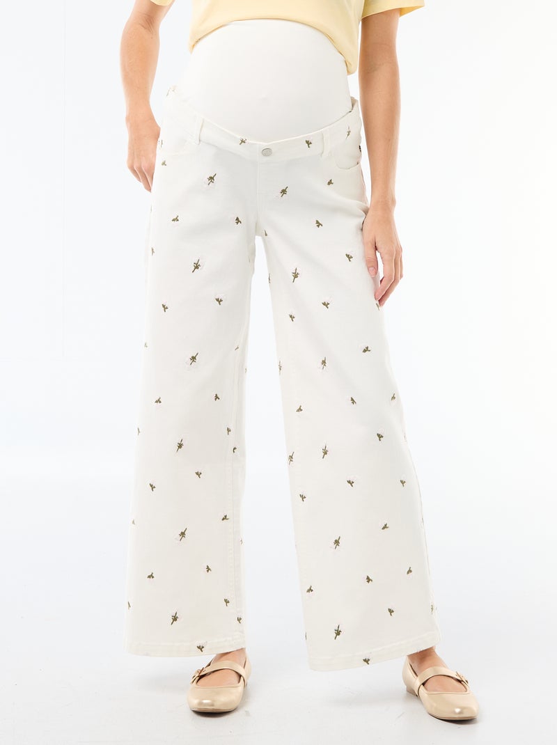 Zwangerschapsbroek met stretchband en geborduurd motief Wit - Kiabi